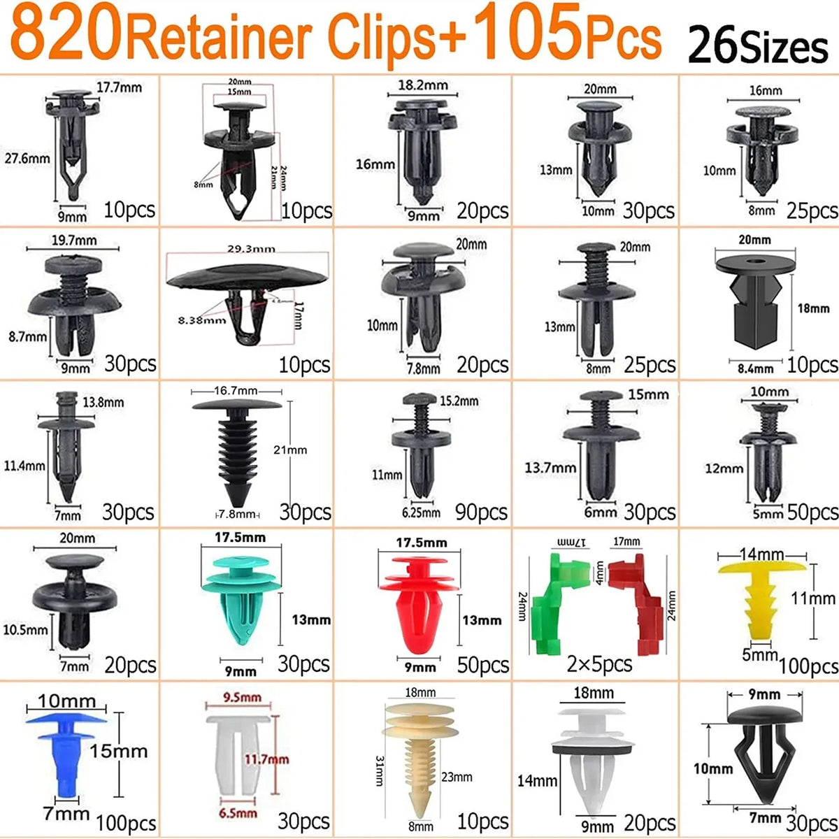 A variety of 820 Retainer Clips in different sizes and quantities are displayed for vehicle repair.