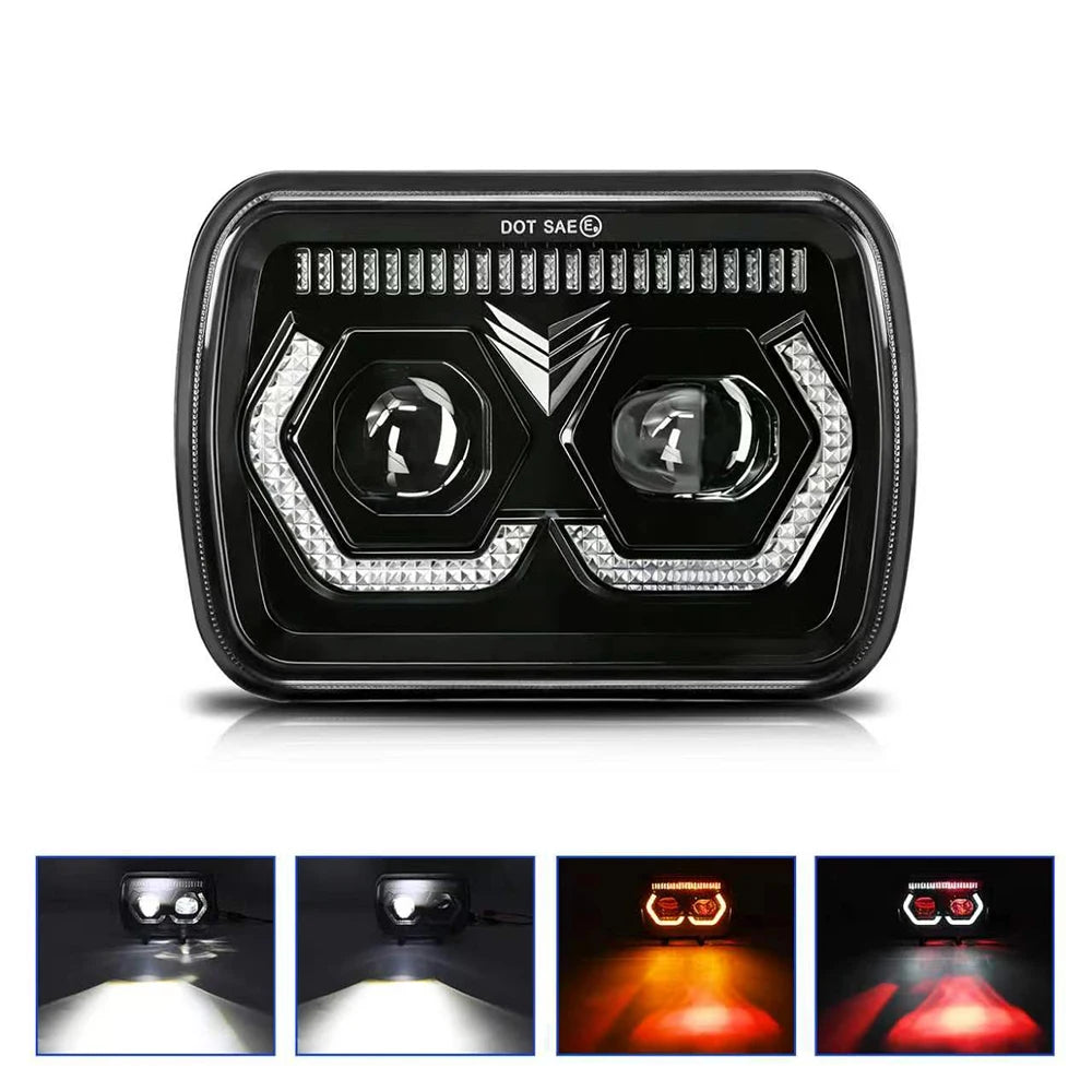 A black square LED headlight with an integrated turn signal and a diamond-cut lens design.