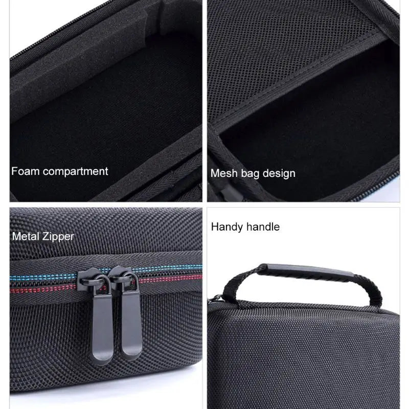 Gros plans d'une boîte rigide noire et durable pour démarreurs à batterie, montrant un compartiment en mousse, un sac en mail