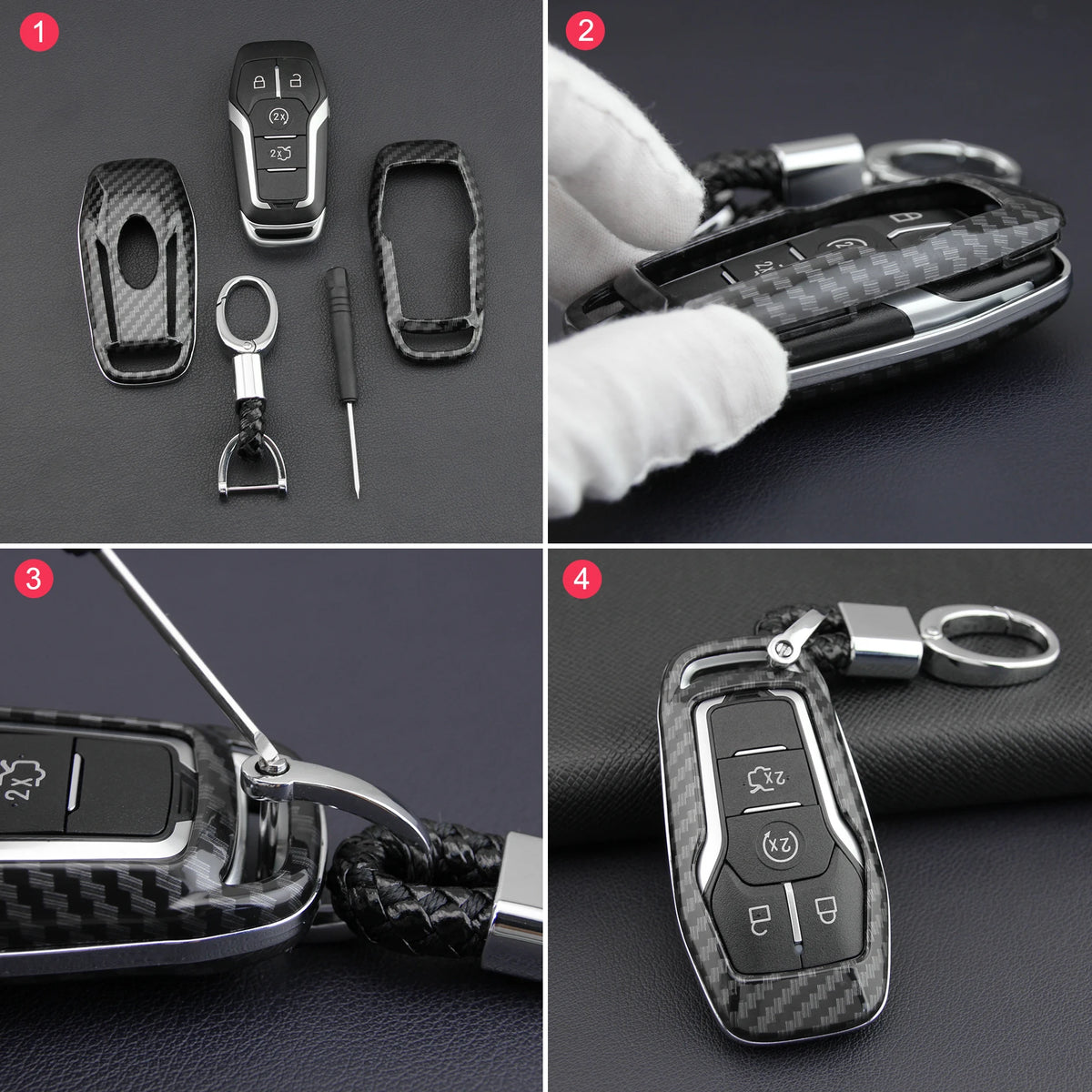 Four images showing a carbon fiber style key fob cover with a metal chain, including the fob, tools, and accessories.