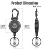 Product dimension diagram showing the size of a heavy-duty retractable keychain badge holder with a carabiner.