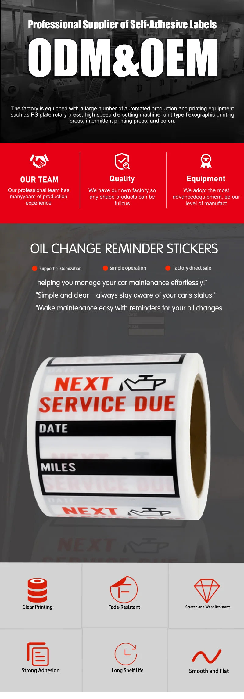 Roll of oil change reminder stickers showing date and mileage information