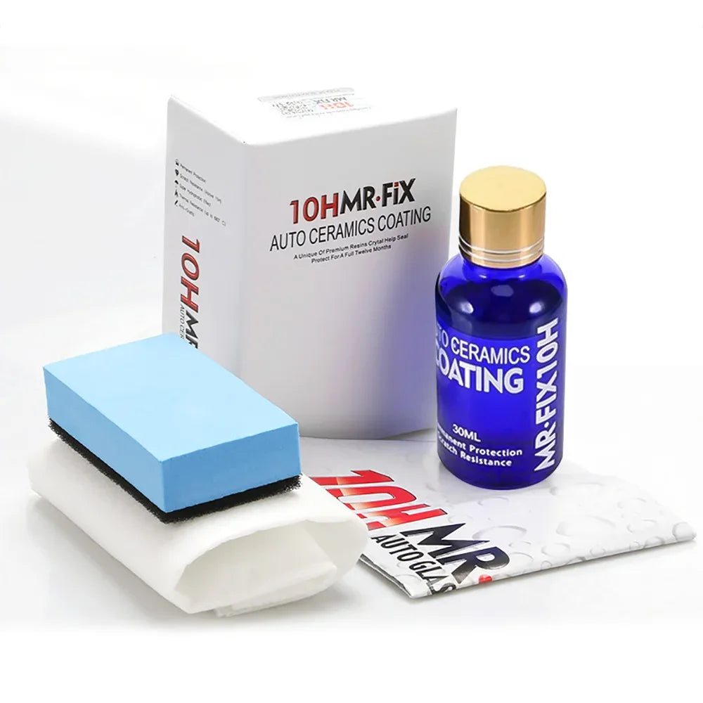 Bottle of 10HMR-FIX auto ceramics coating liquid next to its box and applicator pad