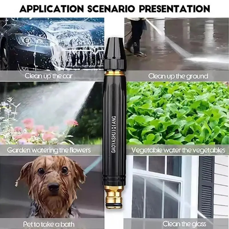 A presentation showing various application scenarios for a heavy duty 4-in-1 high-pressure water spray and watering kit.