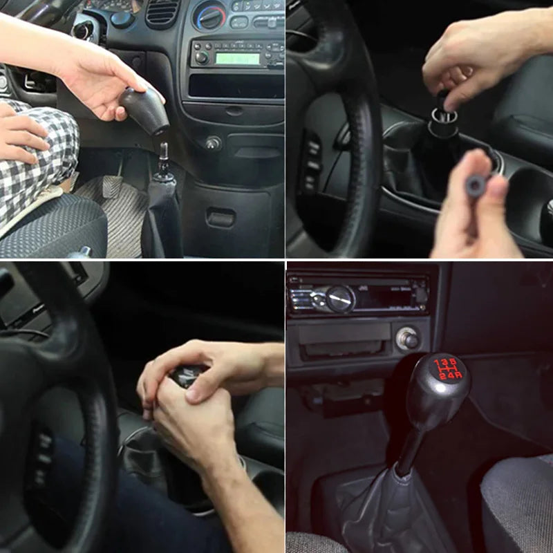 Close-up of hands operating a universal aluminum gear shift knob on a manual transmission.