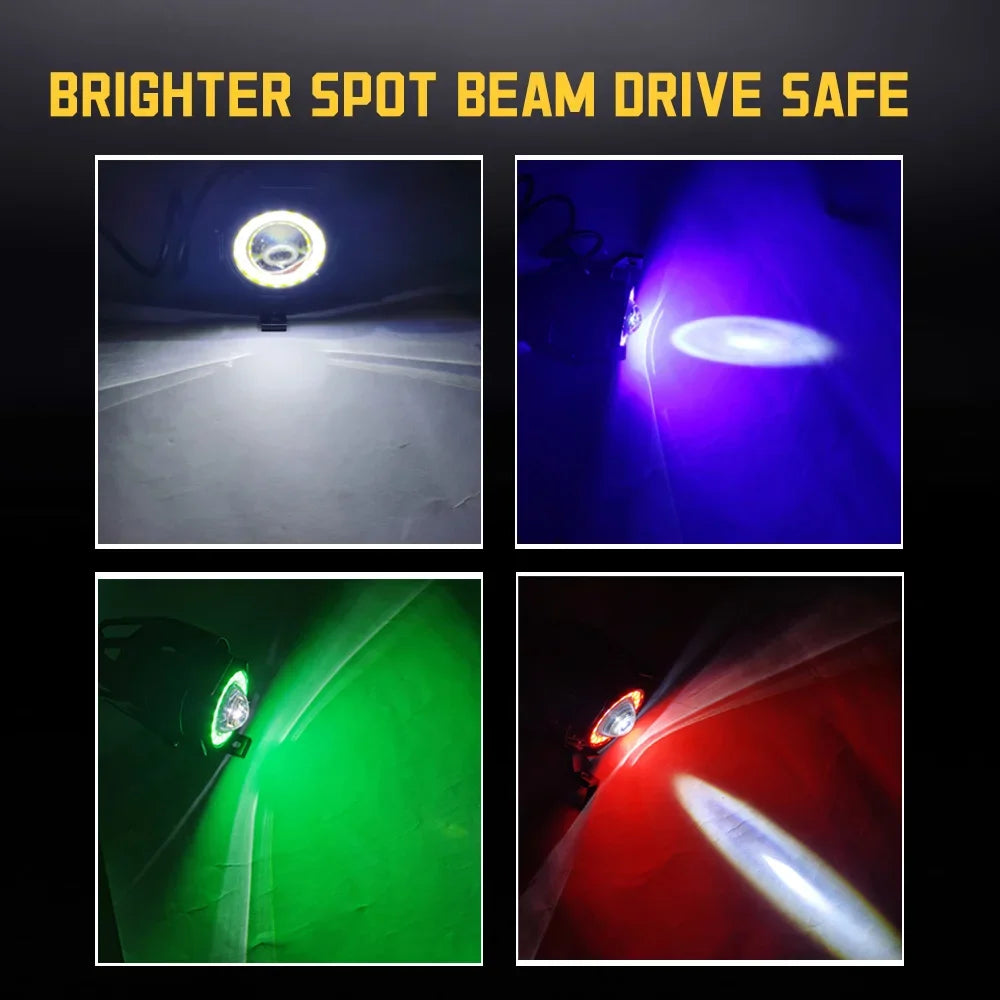 Bright spot beam drive safe universal LED motorcycle headlight spotlights shown in various lighting conditions