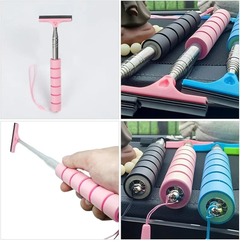 A set of pink and blue universal car and glass cleaning tools, including squeegees and applicators.