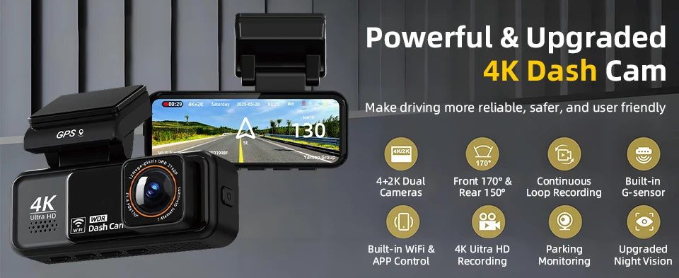 A black 4K dual-camera dash cam mounted on a vehicle, displaying a road view and features like GPS and loop recording.