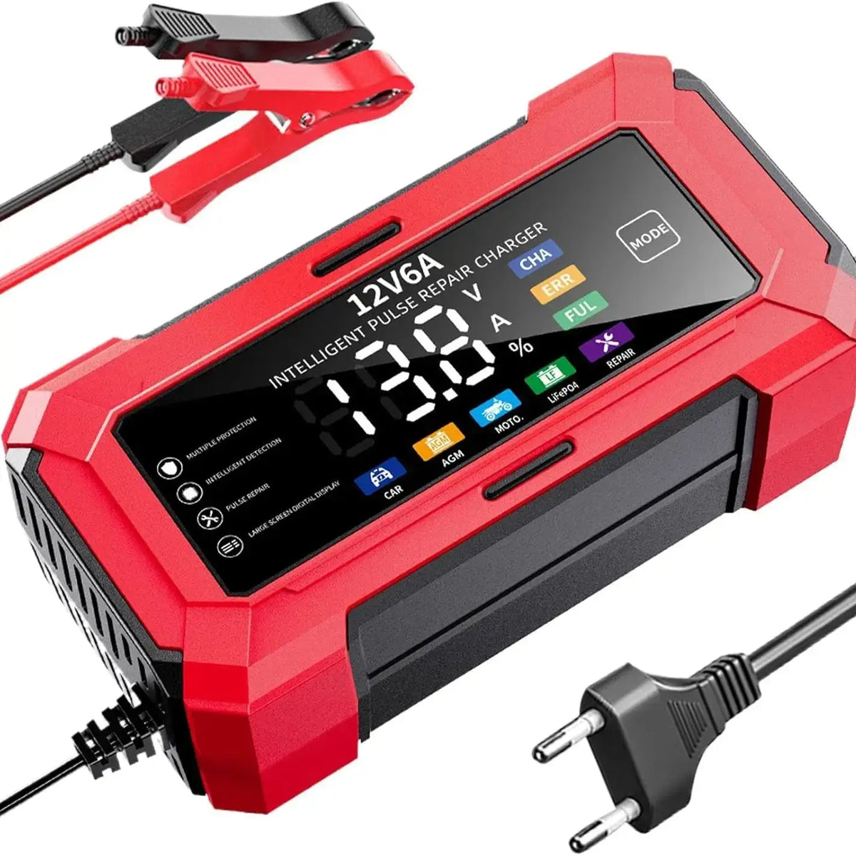 A red intelligent pulse repair charger device with a cable and plug is shown.