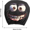 Funda para reposacabezas de coche negra con cara de dibujos animados y ojos grandes sonrientes.