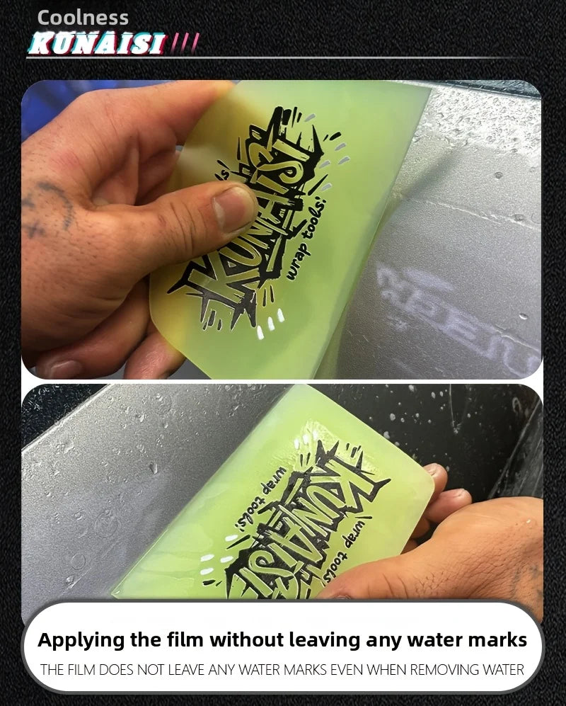 A hand is applying a sheet of clear film onto a surface, demonstrating the invisible car film scraper tool.