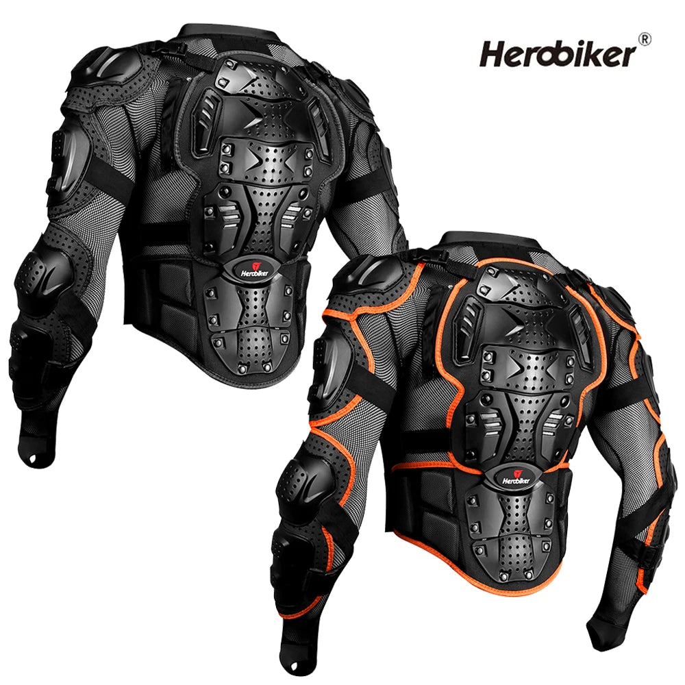 Black and orange Herobiker heavy-duty motocross riding jacket shown from the back and side.