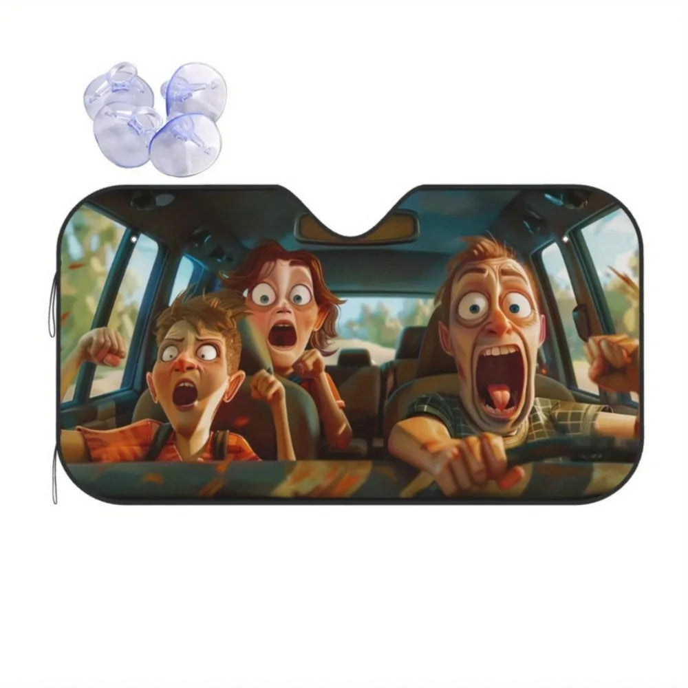 A foldable car windshield sun shade featuring a dramatic movie scene of people inside a vehicle.