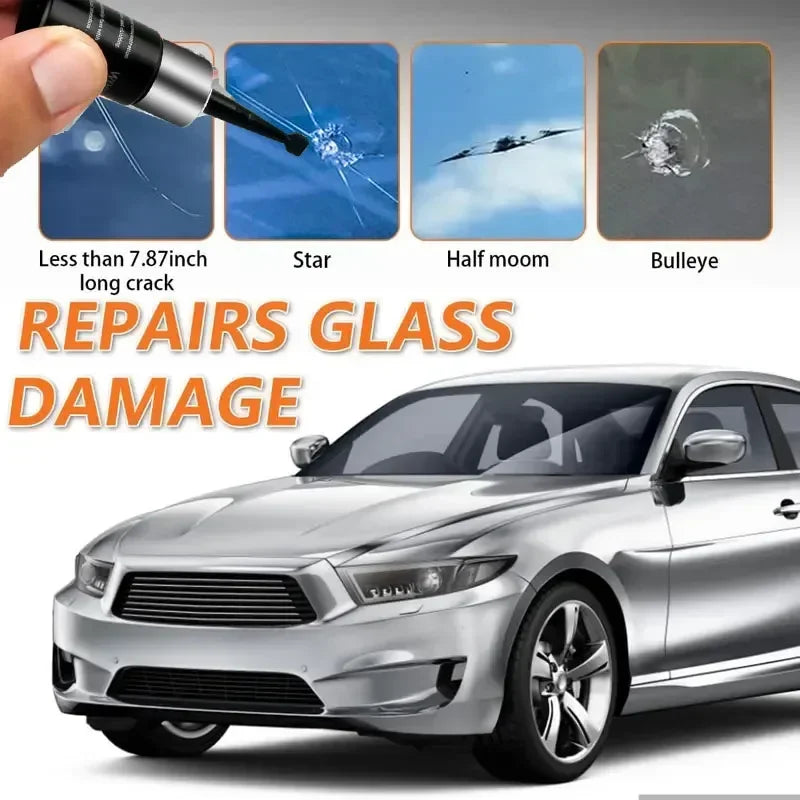 A hand holds a black applicator for a glass repair kit, with various damage examples shown next to a silver car.