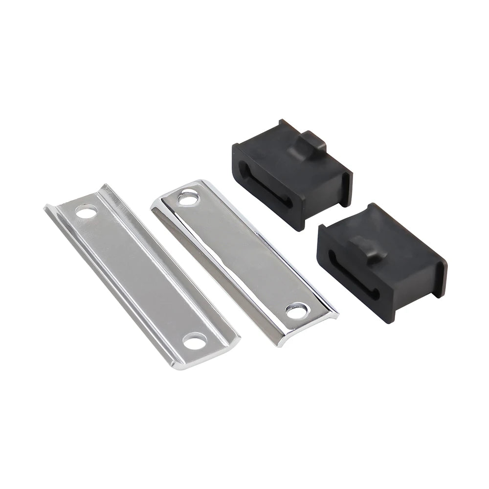 Chrome and black muffler hanger bracket kit for Harley touring models featuring a metal plate and a black bracket.
