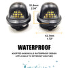 Two black LED license plate lights shown with dimensions 51.8mm and 43.7mm, emphasizing a waterproof design.