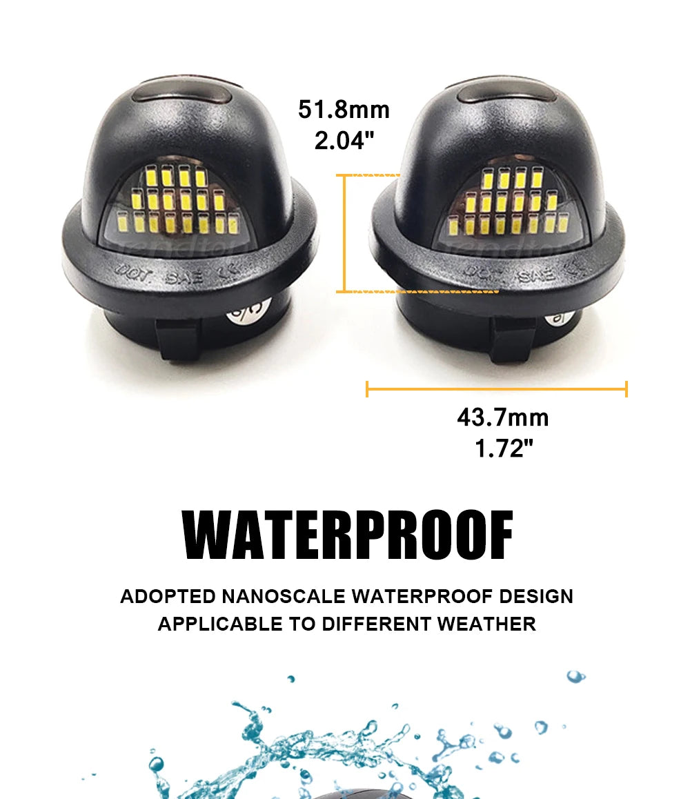 Two black LED license plate lights shown with dimensions 51.8mm and 43.7mm, emphasizing a waterproof design.