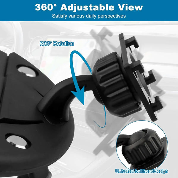 A black 360° rotatable mount for holding CarPlay screens and GPS units, shown in a vehicle context.