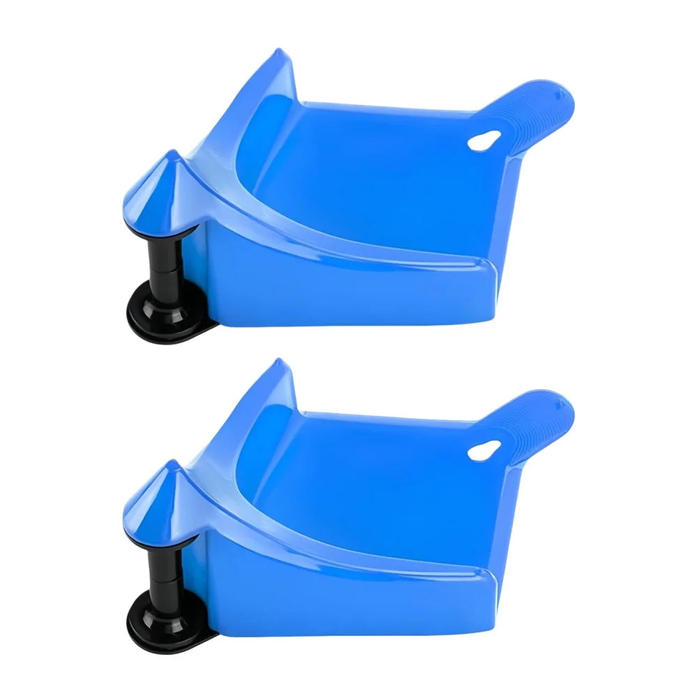 A bright blue car hose slide tire wedge tool with a curved plastic body and black mounting brackets.