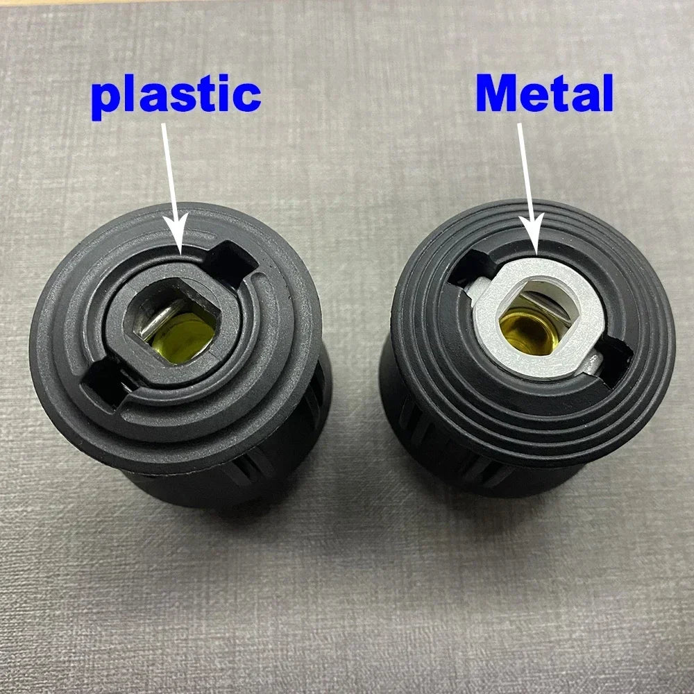 Comparison of plastic and metal components for a high-pressure washer gun nozzle set.