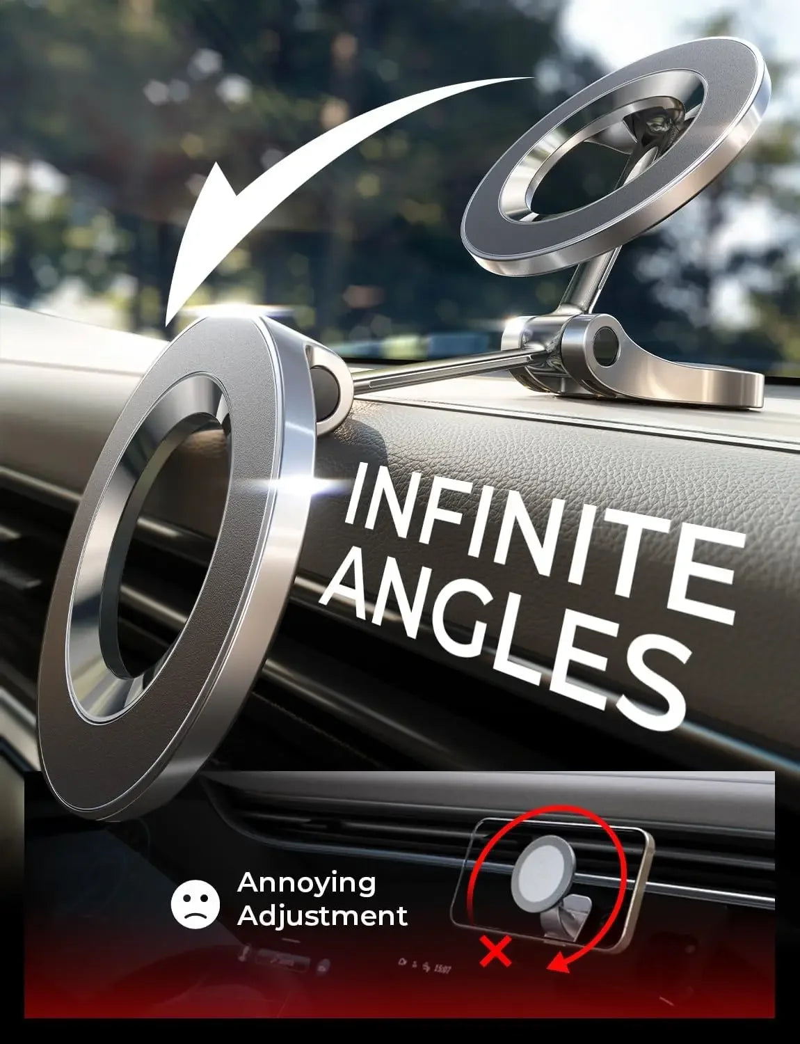 Gros plan d'un support de téléphone MagSafe pour voiture à rotation 360° montrant une infinité d'angles pour un réglage facil