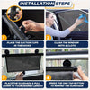 Installation steps showing how to place suction cups, clean the window, mount the sunshade, and rewind it.
