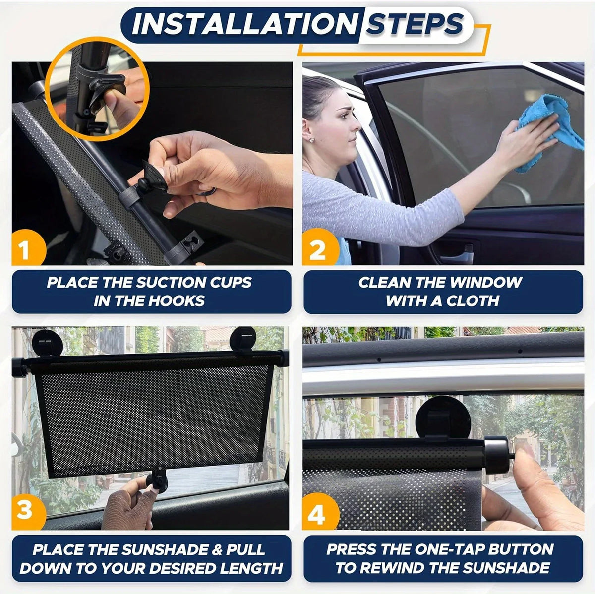 Installation steps showing how to place suction cups, clean the window, mount the sunshade, and rewind it.