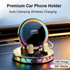 A premium car phone holder with a magnetic bracket and RGB lighting, featuring 15W charging and 360° rotation.