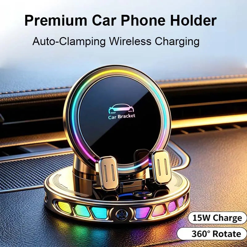 A premium car phone holder with a magnetic bracket and RGB lighting, featuring 15W charging and 360° rotation.