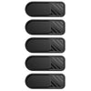 A set of five black sliding privacy camera covers for phones, tablets, and laptops.