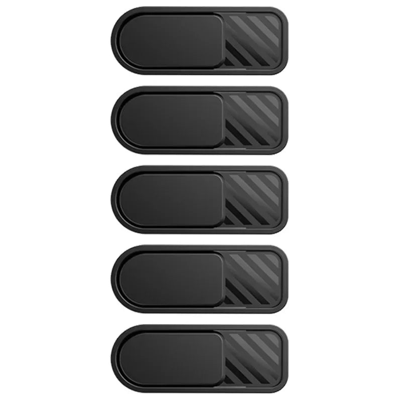 A set of five black sliding privacy camera covers for phones, tablets, and laptops.
