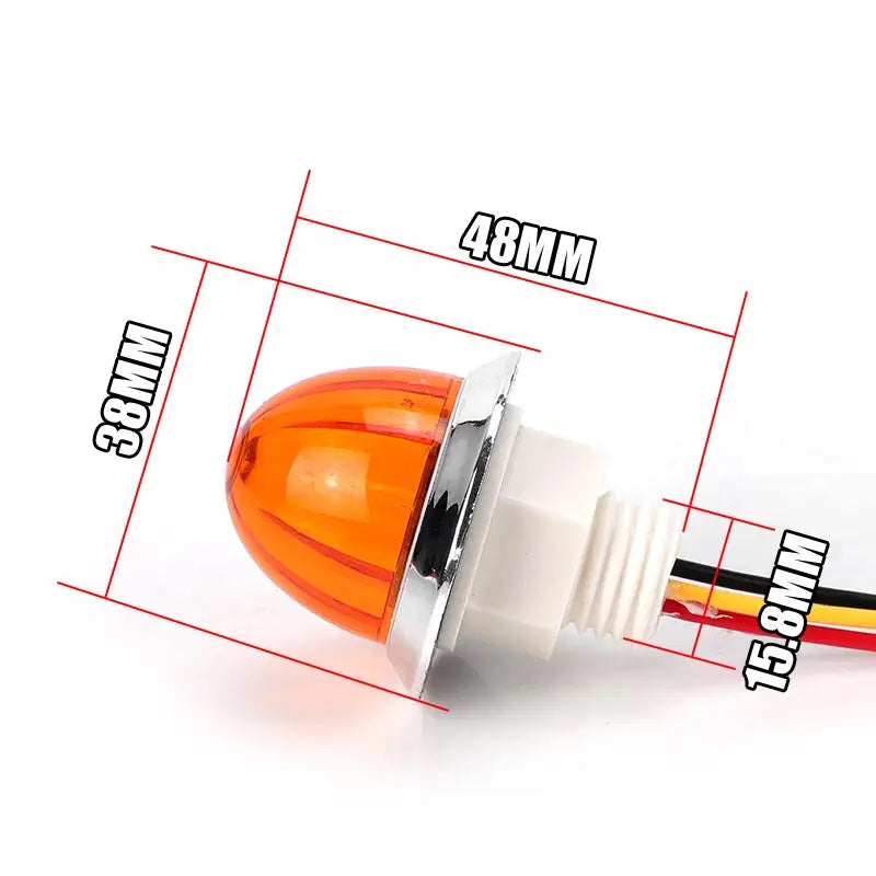 Mini LED flashing turn signal light with a white base and orange lens, shown with dimension lines.