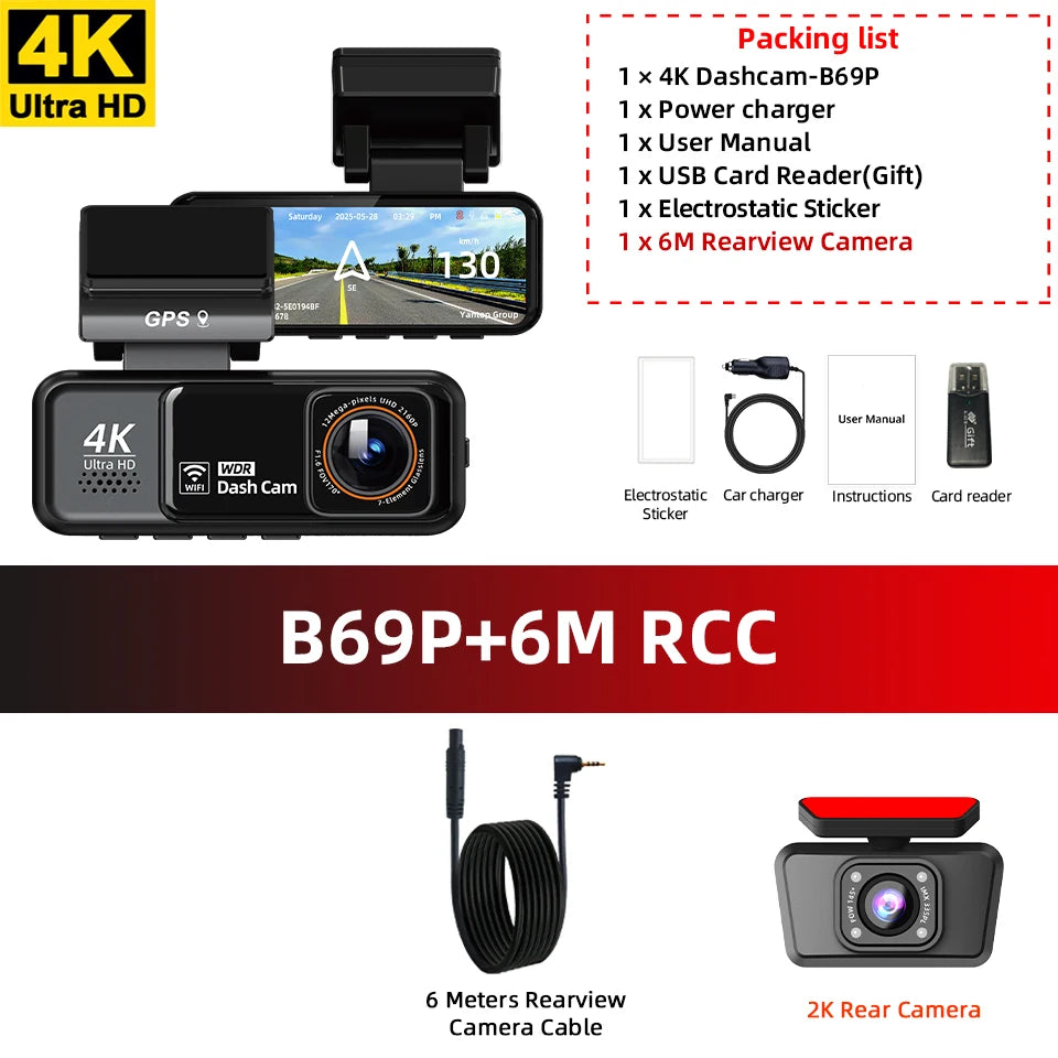 A 4K dashcam setup showing the main camera, GPS, power charger, and accessories for a vehicle.