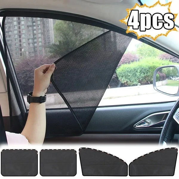 Vier magnetische Autofenster-Sonnenschutz sind dabei, in ein Fahrzeugfenster eingesetzt zu werden.