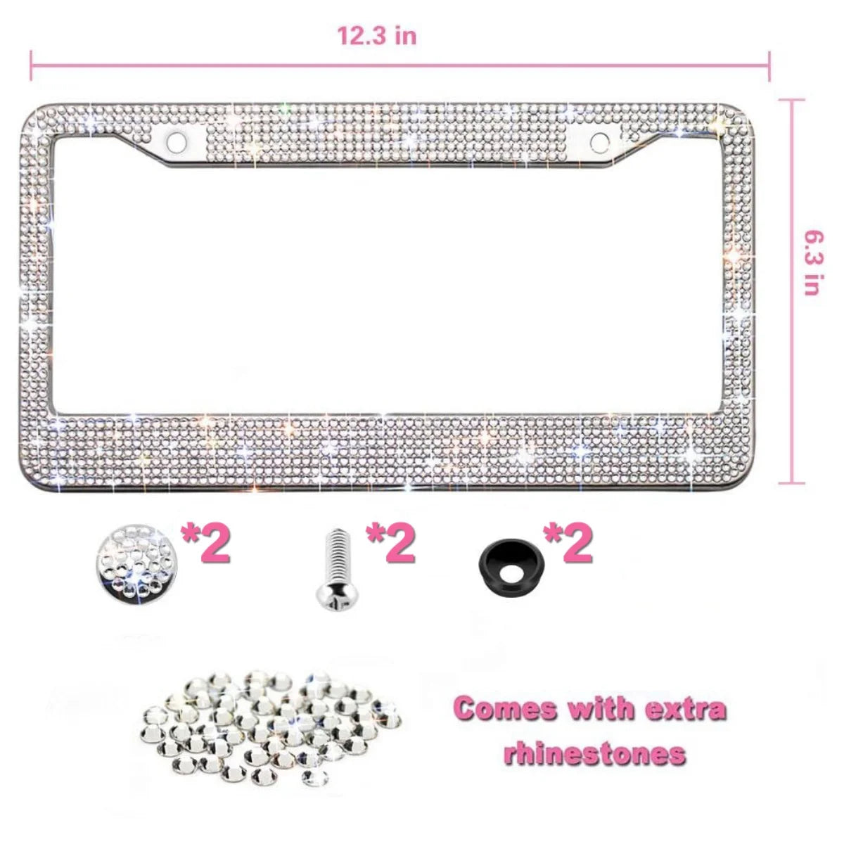 A rectangular license plate frame with a sparkling diamond rhinestone border and mounting hardware.
