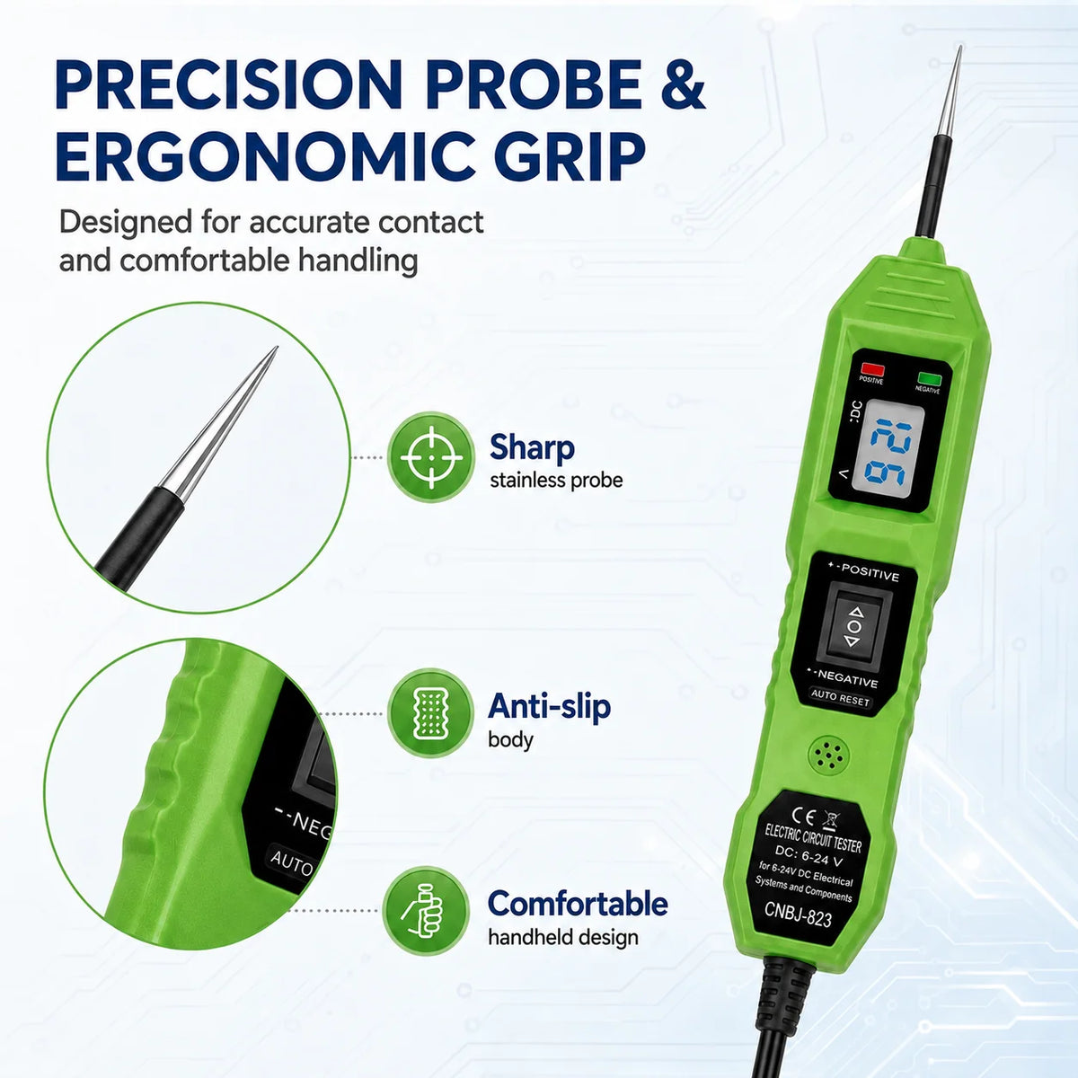 A green portable car circuit tester probe with an ergonomic grip and LED voltage display.
