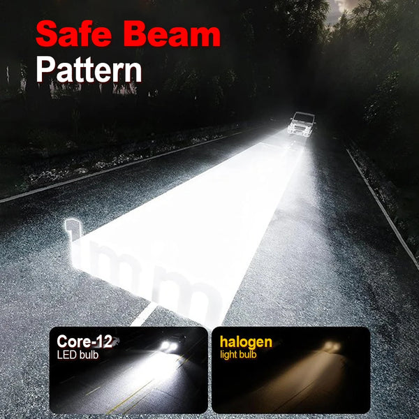 A bright beam pattern from a Safe Beam LED bulb illuminating a road at night.