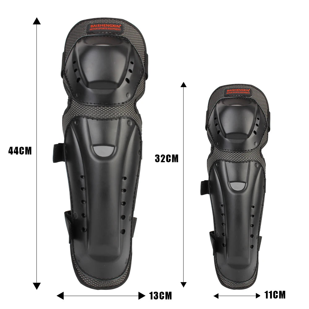 Black heavy-duty motorcycle and dirt bike protection pads shown with dimensions.