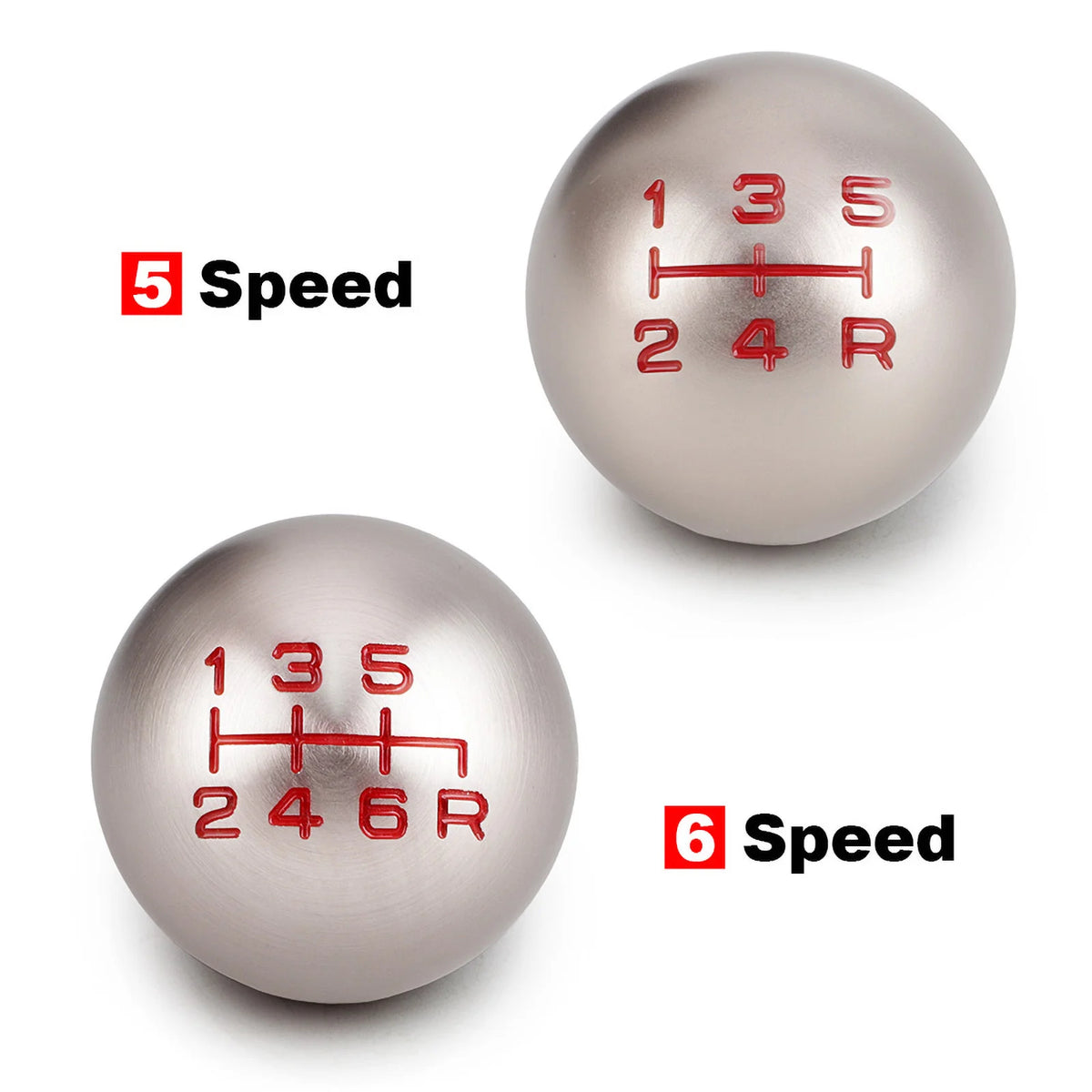 Two aluminum gear shift knobs showing speed markings, one labeled 5 Speed and the other 6 Speed.