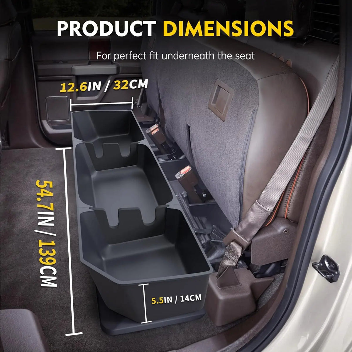 Under seat storage box for a Ford truck showing dimensions and fit beneath the seat.