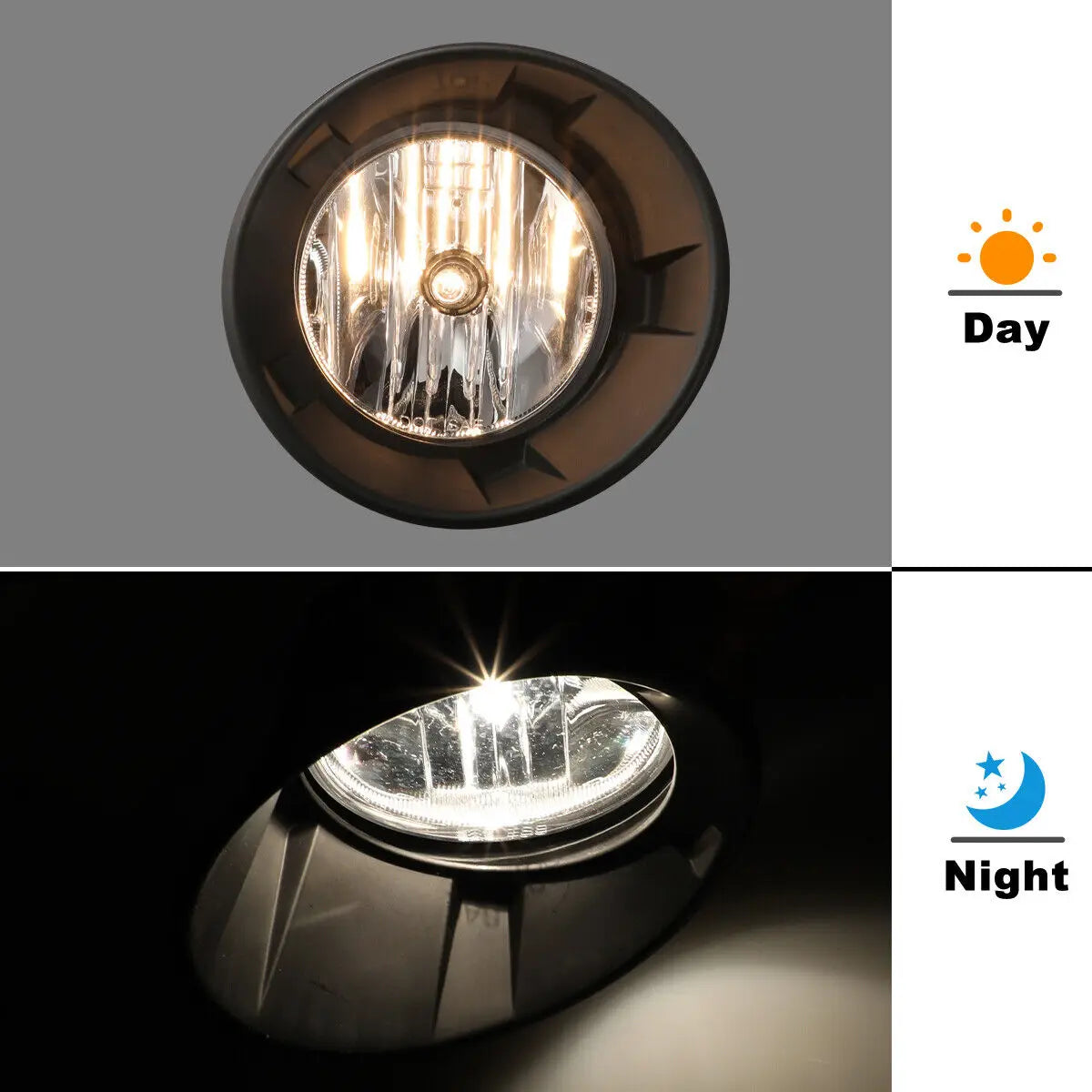 Fog light assembly kit for Chevrolet Camaro 2010-2013 showing both day and night operation.