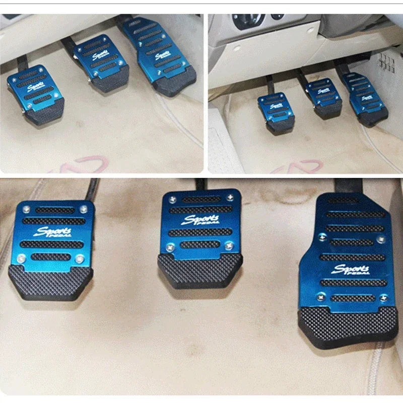 A set of blue and black aluminum car pedal covers shown in various angles.