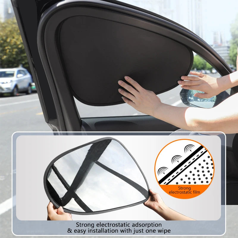 أيدي تقوم بتركيب واقي شمس قوي من الفيلم الكهروستاتيكي على نافذة سيارة.
