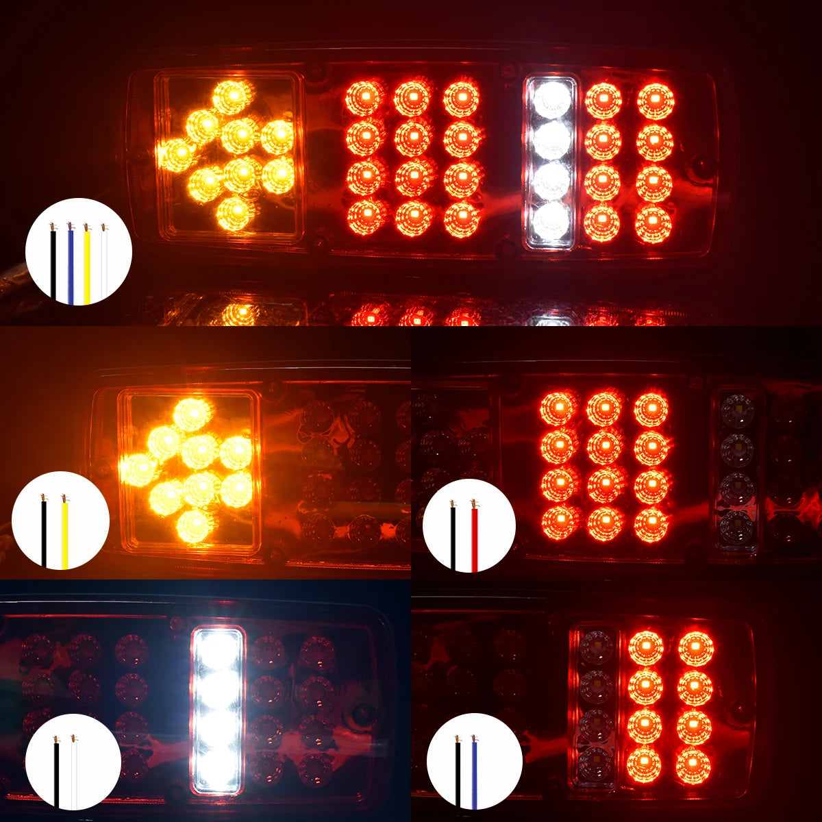 Close-up view of dual high-brightness truck tail lights illuminating various patterns and colors.