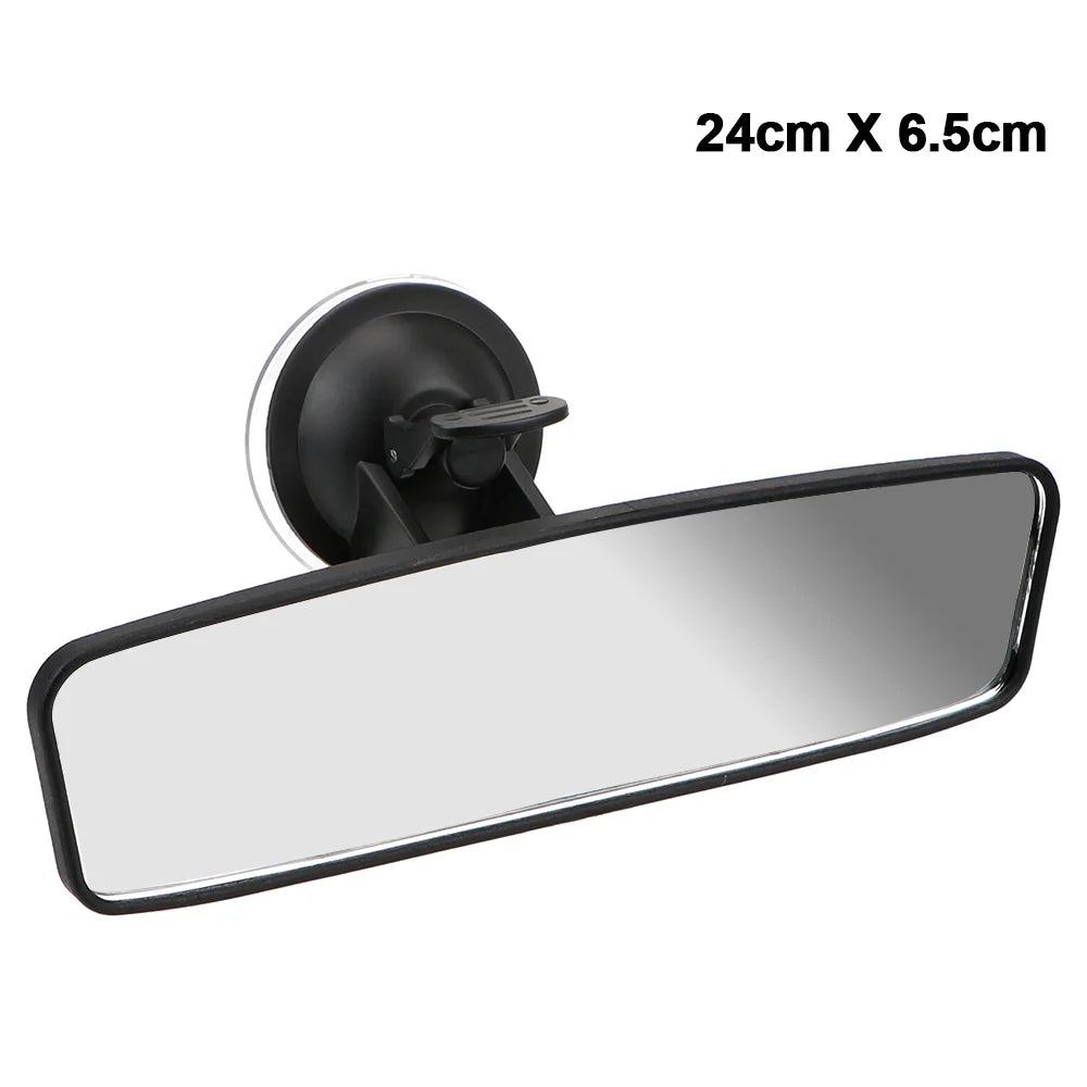 Miroir rétroviseur rectangulaire noir avec base ronde, mesure 24x6,5 cm.