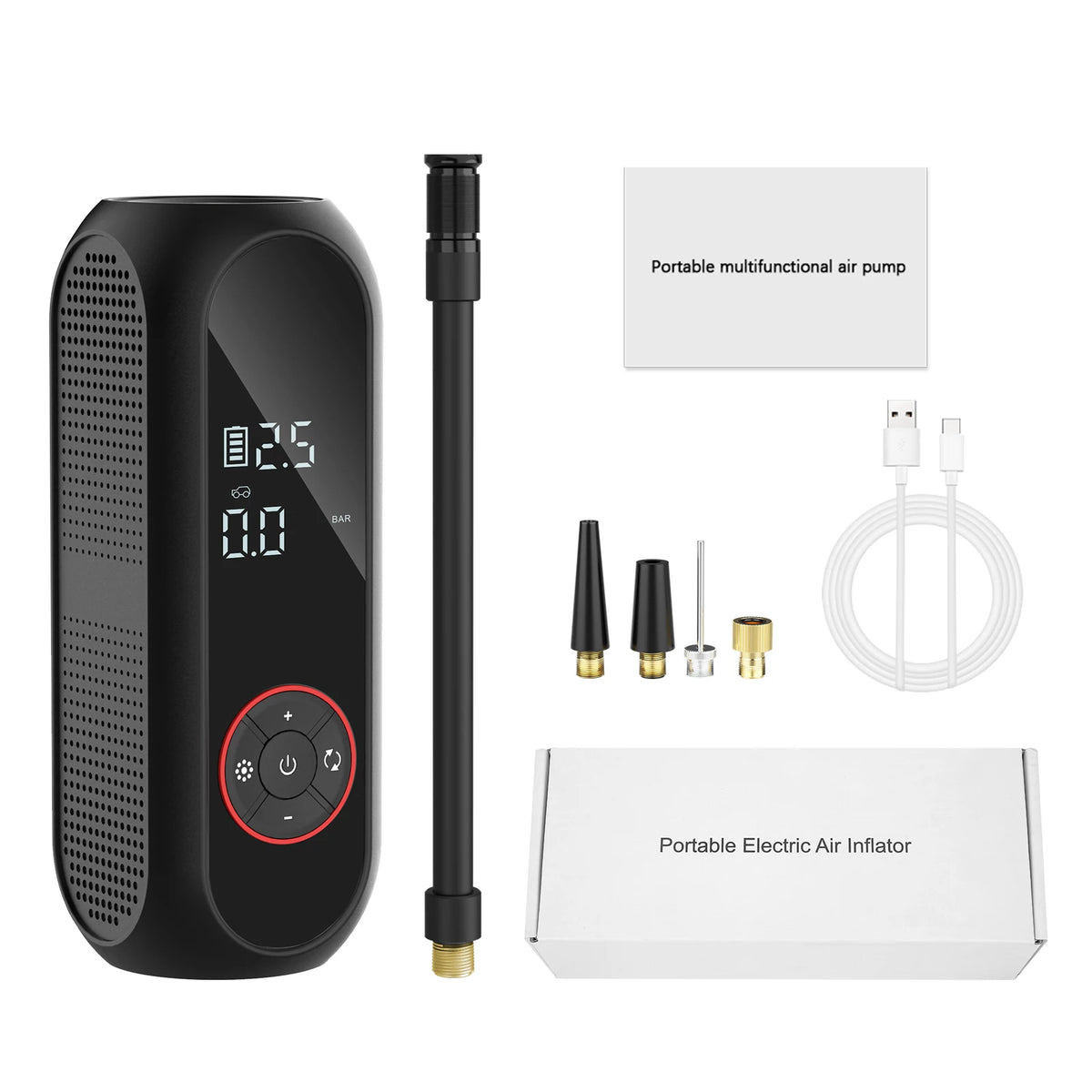 A black portable multifunctional air pump with a digital display, accessories, and an injector shown next to its packaging.