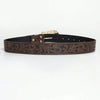 A dark brown vintage western PU leather belt with ornate scrolling pattern and brass hardware.