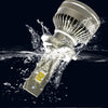 A waterproof LED car headlight bulb is shown being tested under various weather conditions like rain, fog, snow, and storm.