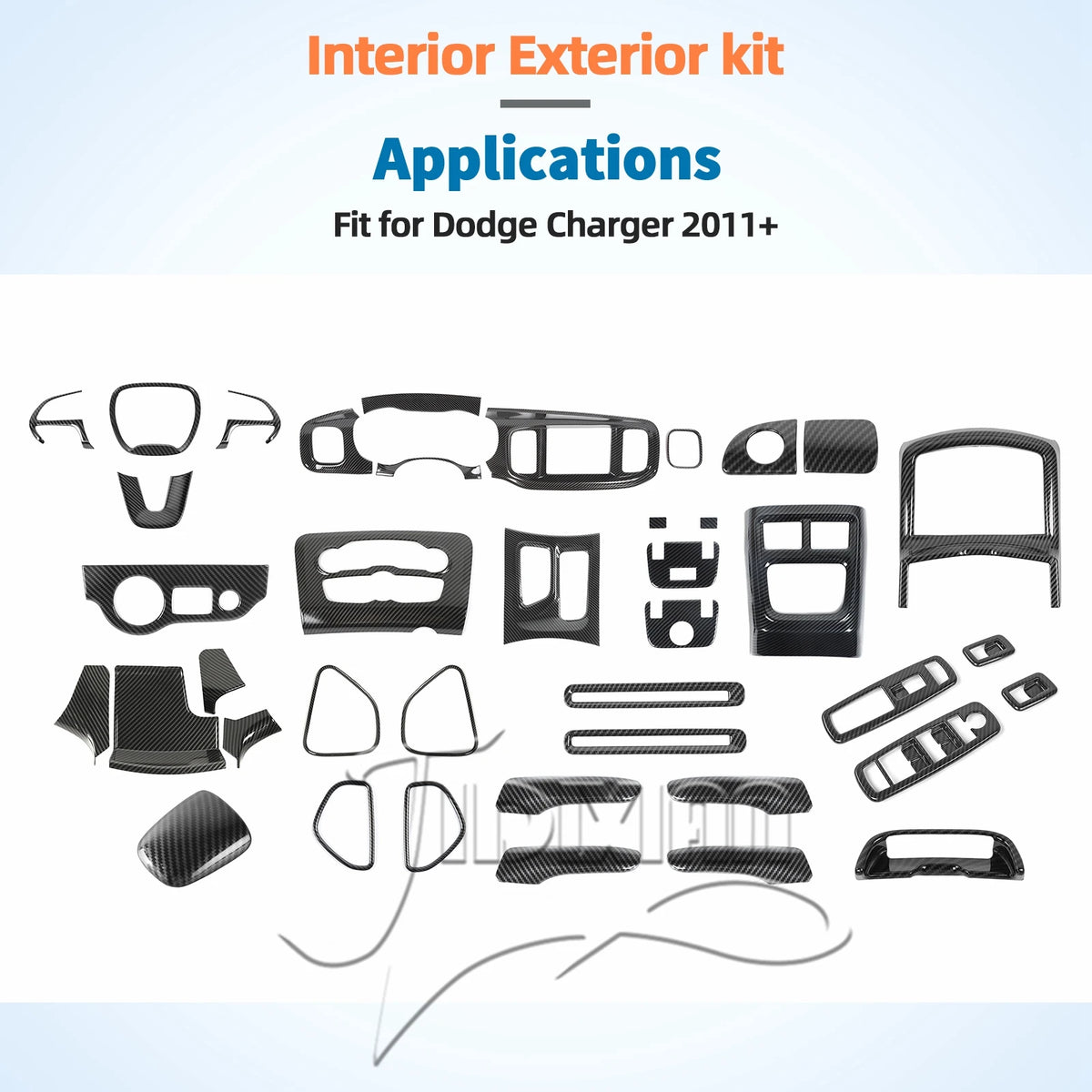 Interior exterior kit for Dodge Charger applications showing various carbon fiber trim pieces and components