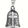 Silver angel wings motorcycle bell keychain with a cross design